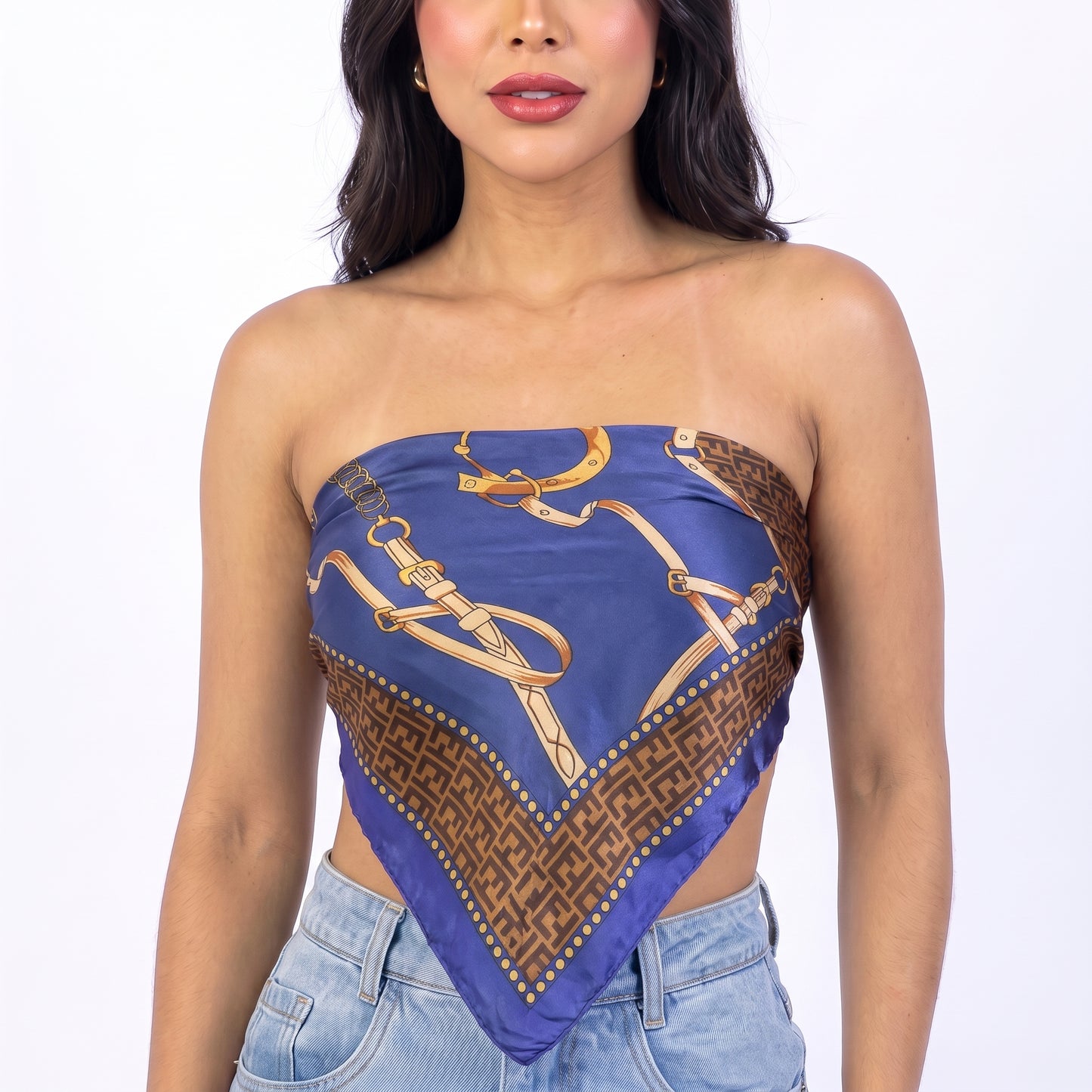 Lenço de Cetim com Estampa Equestre de Correntes Azul