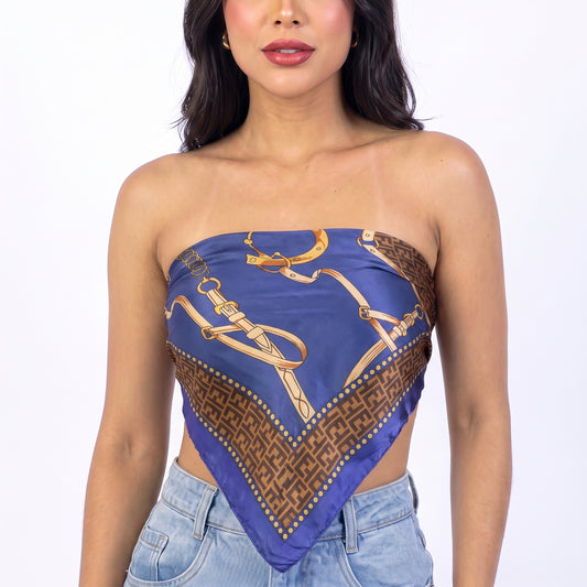 Lenço de Cetim com Estampa Equestre de Correntes Azul