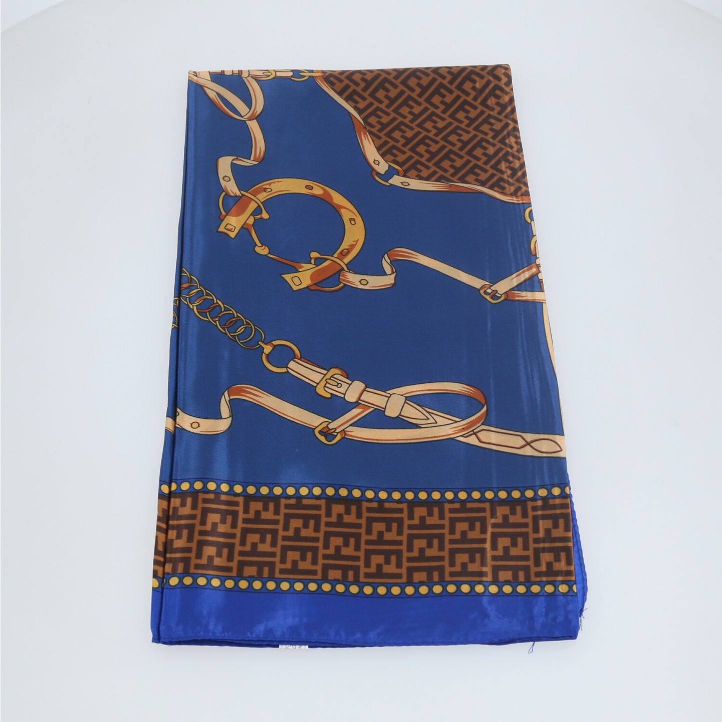 Lenço de Cetim com Estampa Equestre de Correntes Azul