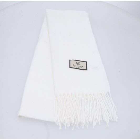 Cachecol em Tecido com Estampa Lisa e Franjas Branco