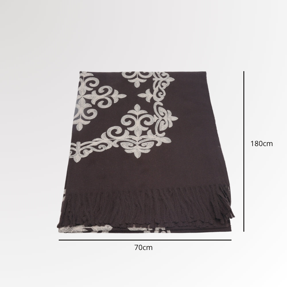 Cachecol Bordado Floral com Franjas Marrom