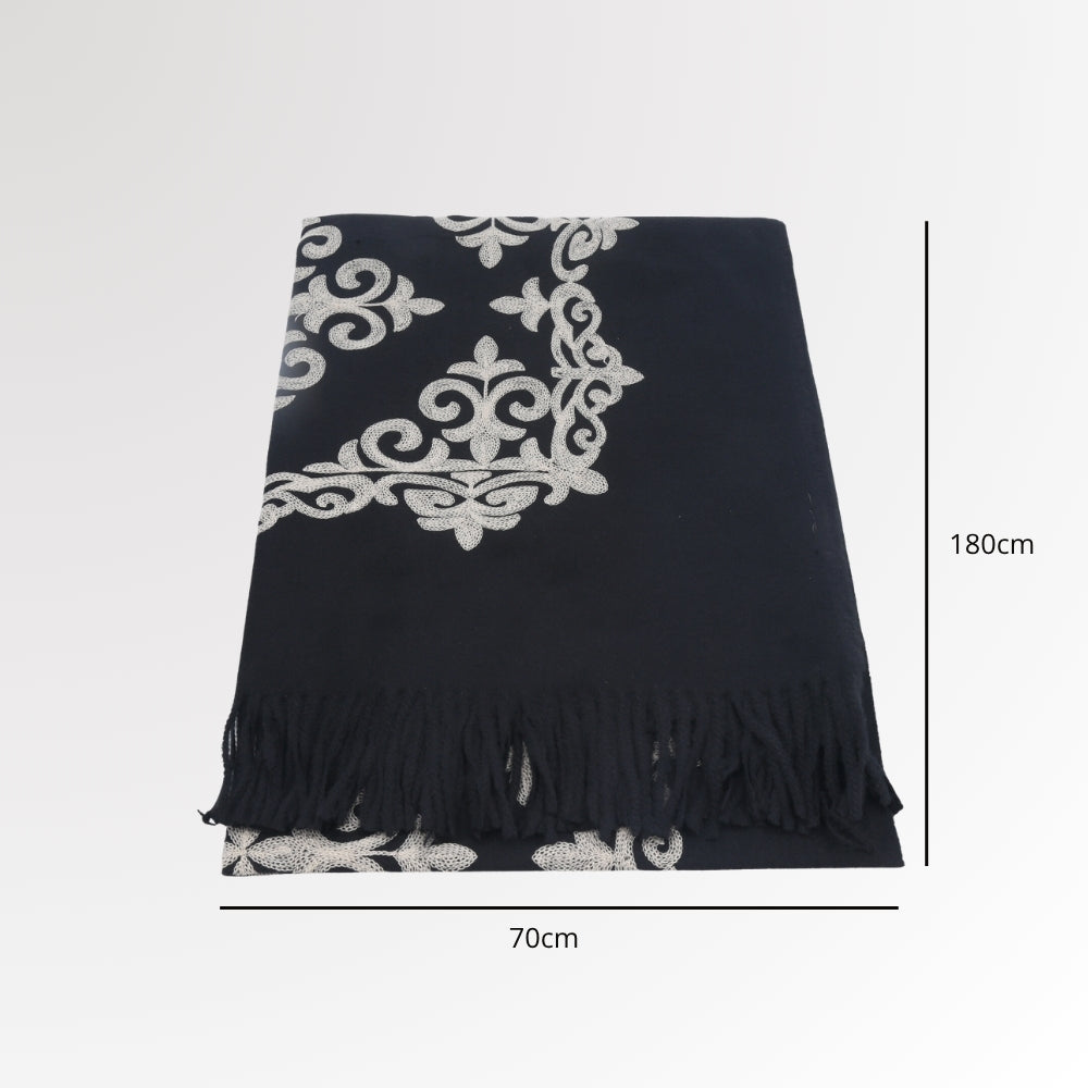 Cachecol Bordado Floral com Franjas Preto