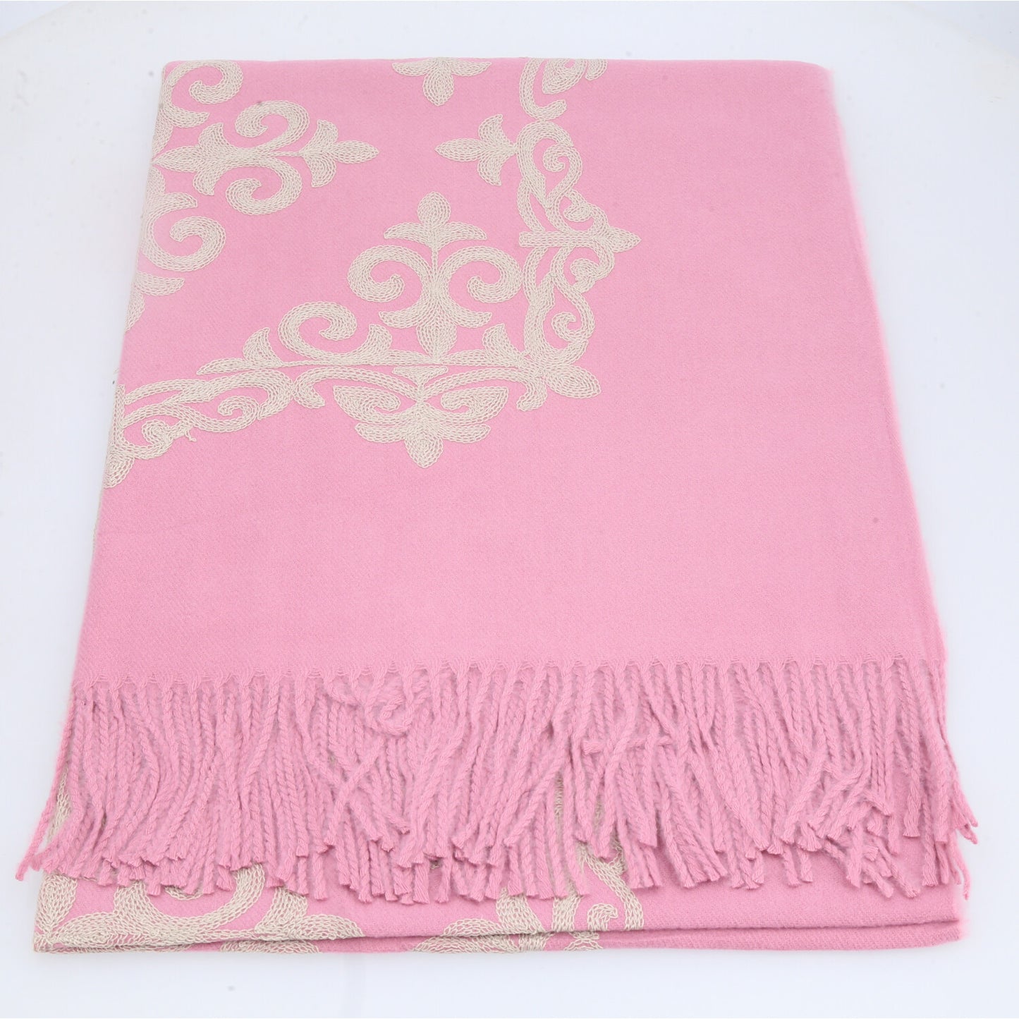 Cachecol Bordado Floral com Franjas Rosa