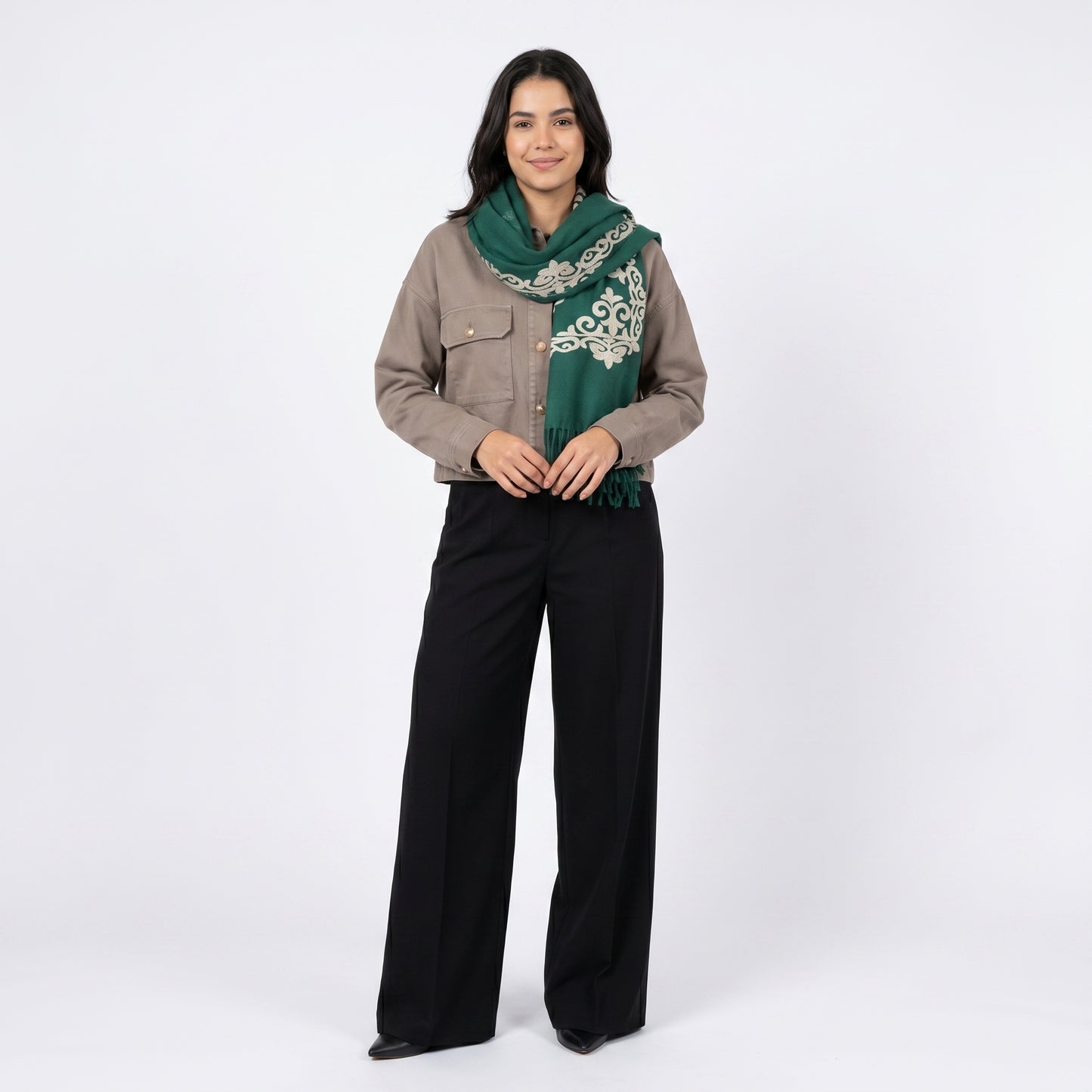 Cachecol Bordado Floral com Franjas Verde