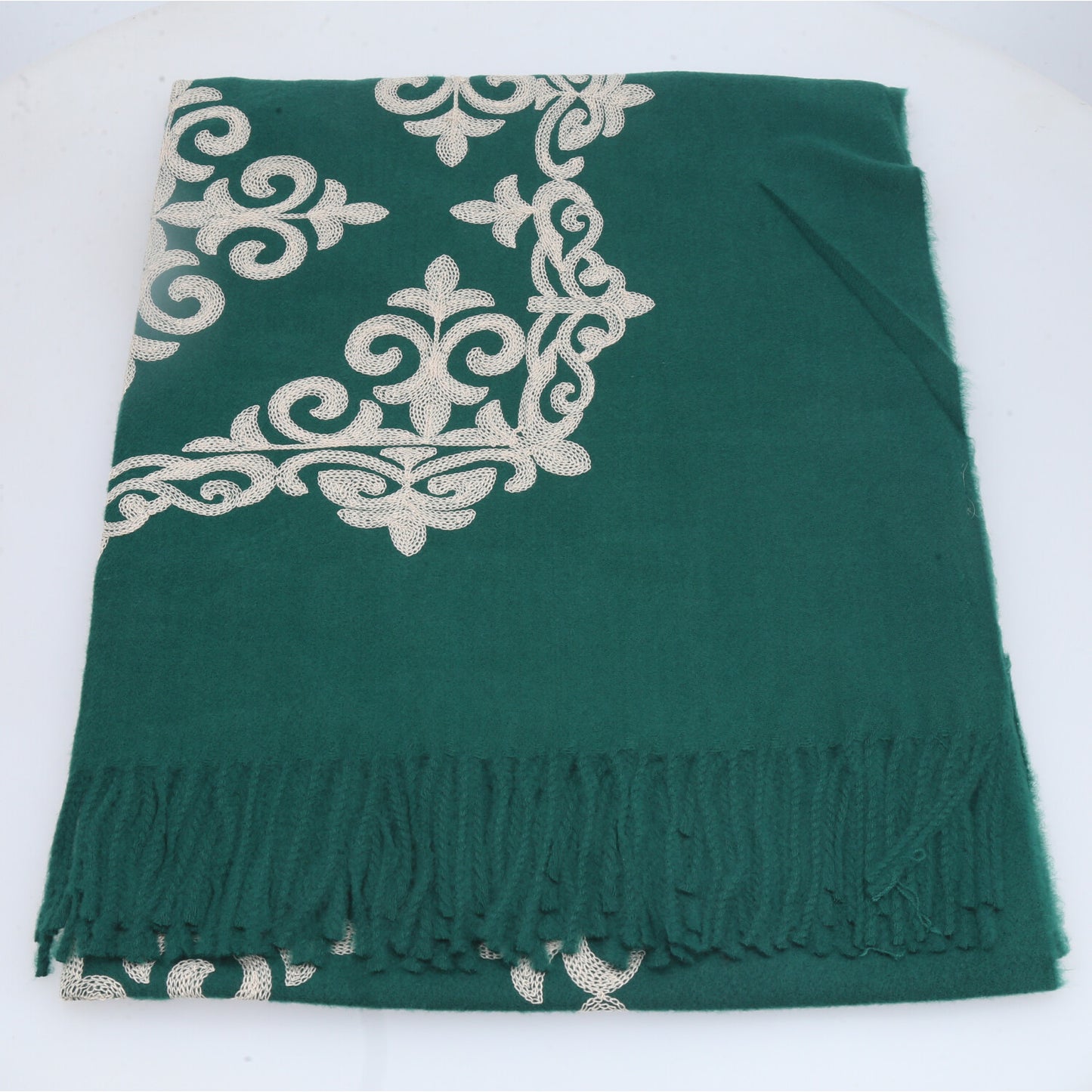 Cachecol Bordado Floral com Franjas Verde