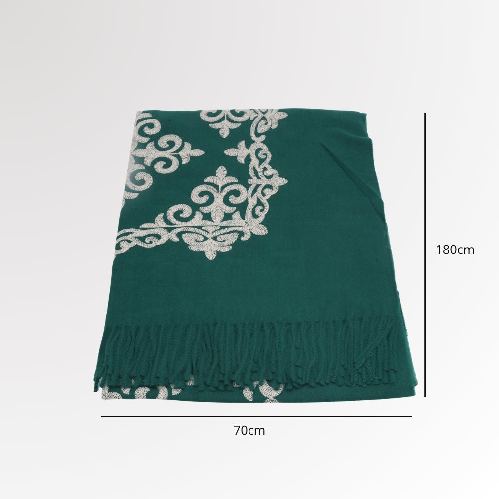 Cachecol Bordado Floral com Franjas Verde