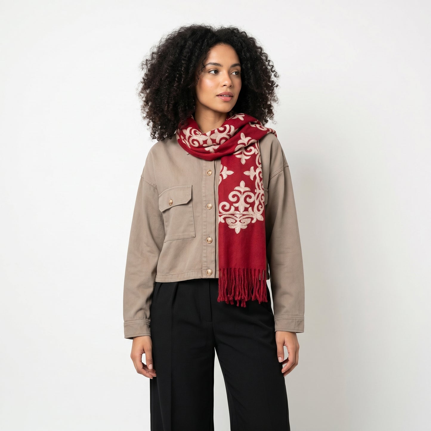 Cachecol Bordado Floral com Franjas Vermelho