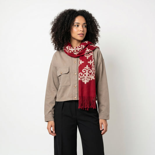Cachecol Bordado Floral com Franjas Vermelho