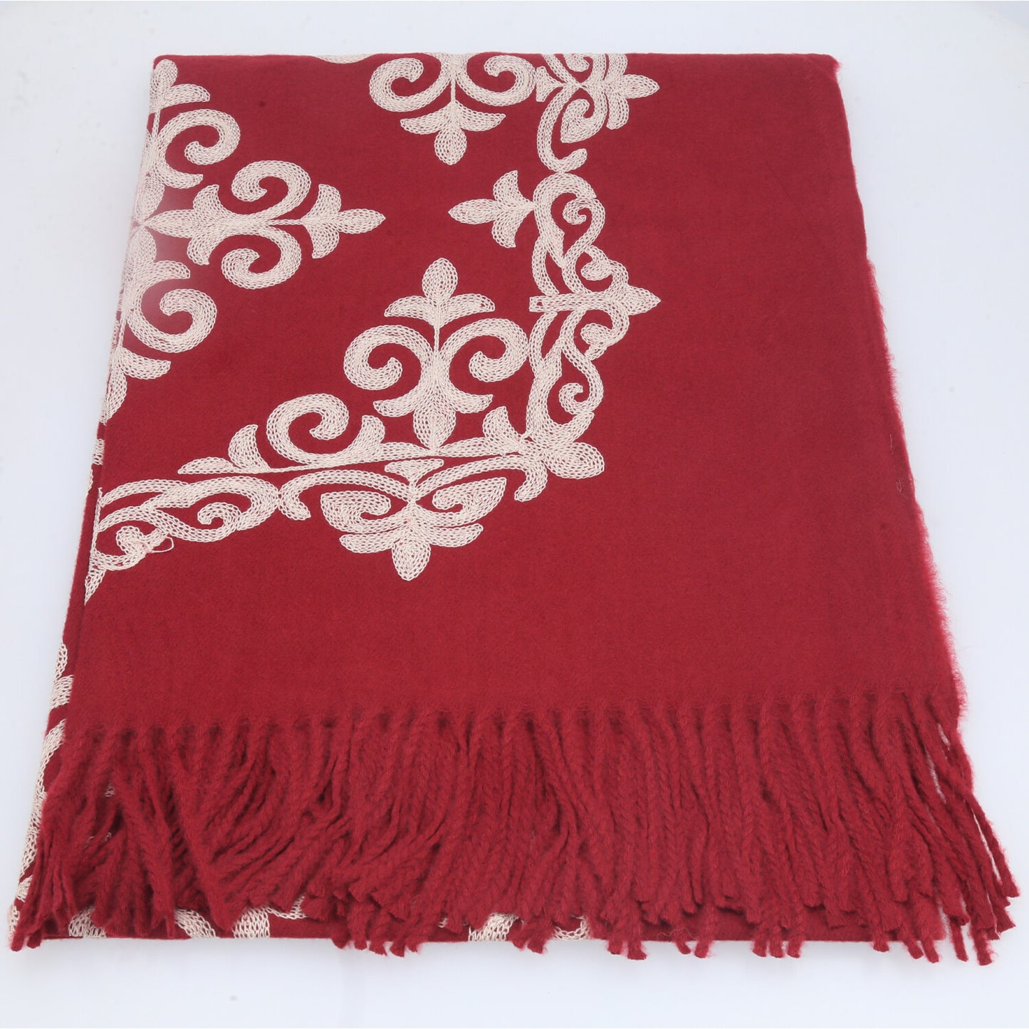 Cachecol Bordado Floral com Franjas Vermelho