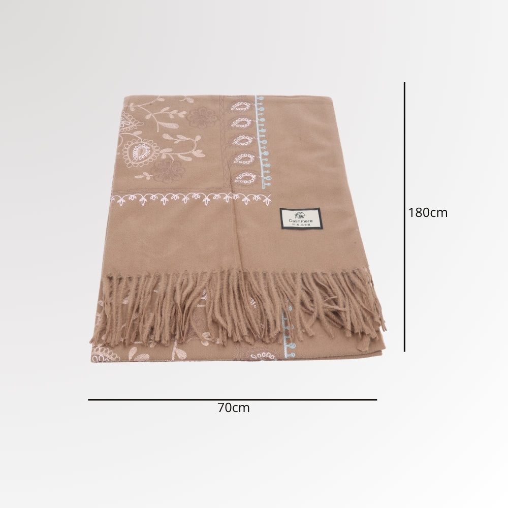 Cachecol com Estampa de Paisley Floral e Acabamento em Franjas Bege escuro