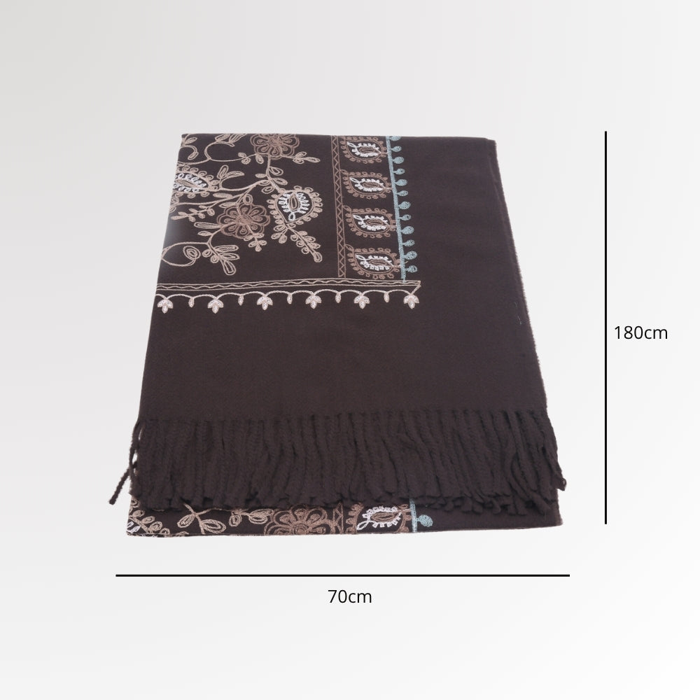Cachecol com Estampa de Paisley Floral e Acabamento em Franjas Marrom escuro
