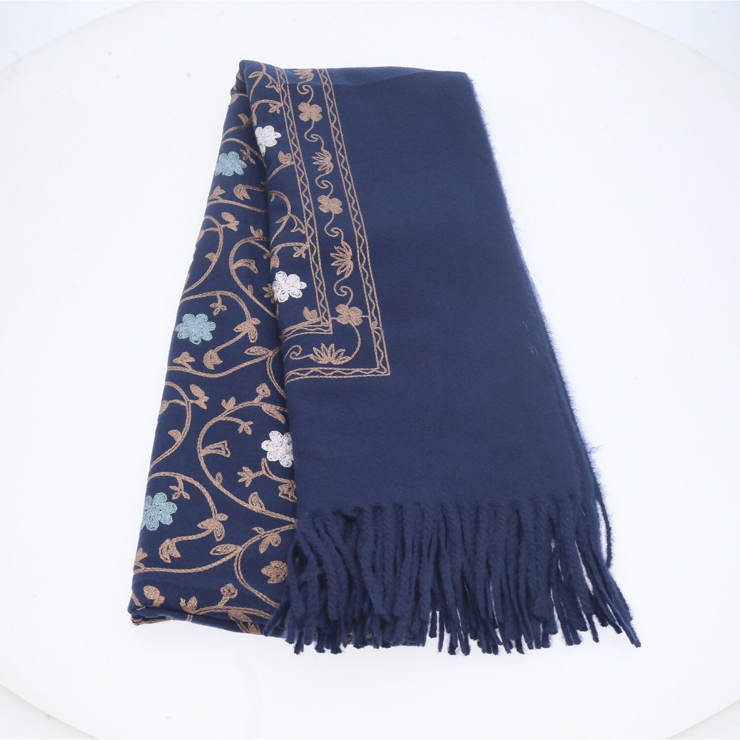 Cachecol Feminino Cashmere Bordado Floral Elegante com Franjas para Inverno Azul escuro