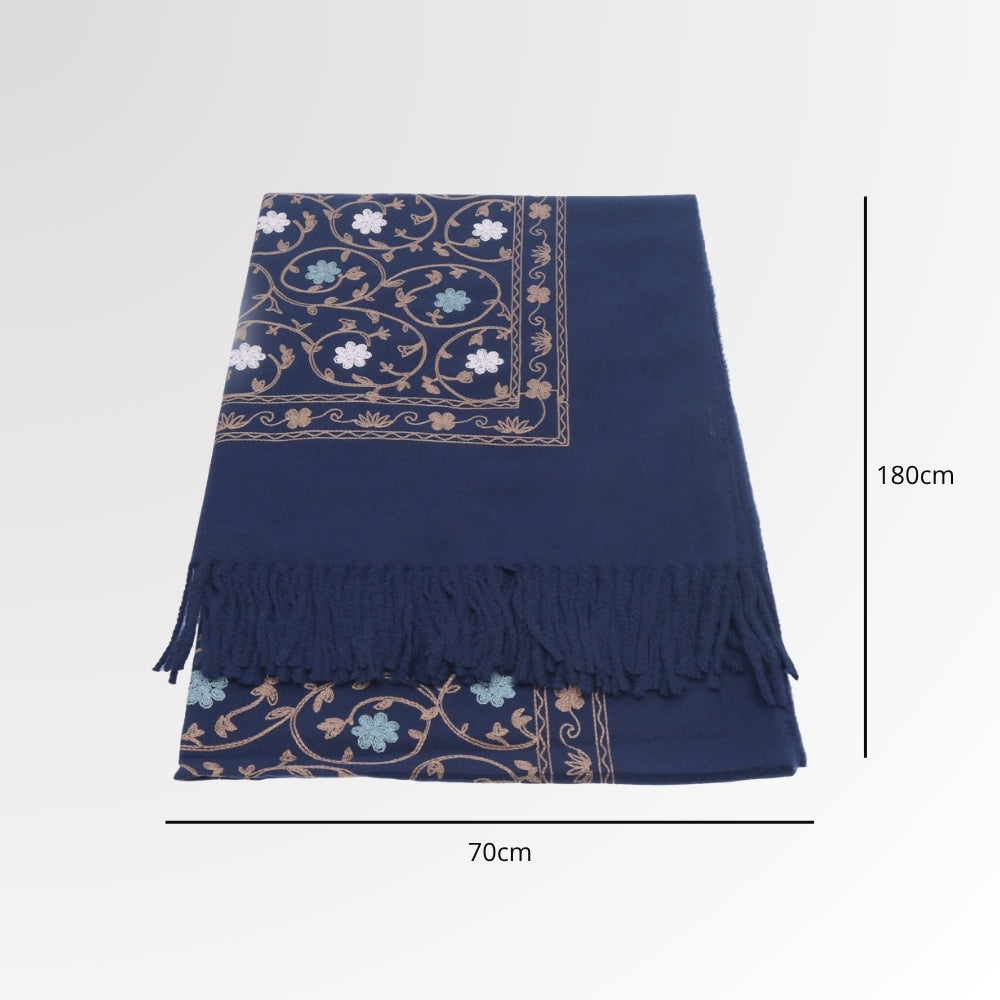 Cachecol Feminino Cashmere Bordado Floral Elegante com Franjas para Inverno Azul escuro