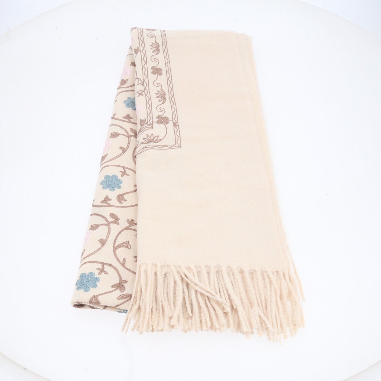 Cachecol Feminino Cashmere Bordado Floral Elegante com Franjas para Inverno Bege