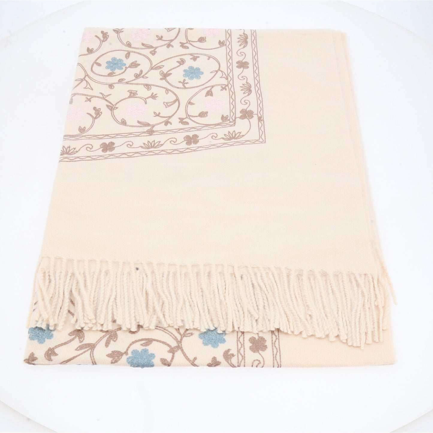 Cachecol Feminino Cashmere Bordado Floral Elegante com Franjas para Inverno Bege