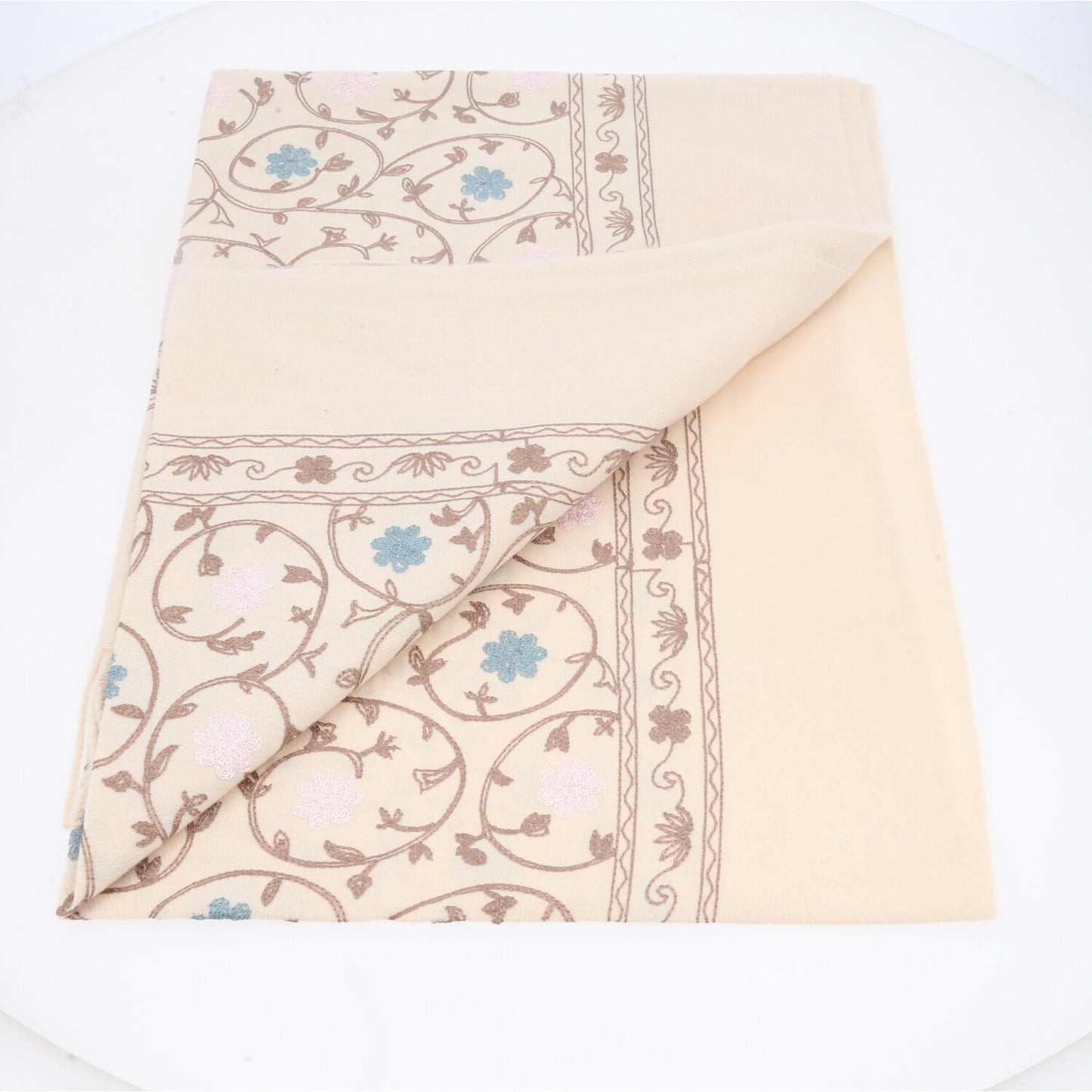 Cachecol Feminino Cashmere Bordado Floral Elegante com Franjas para Inverno Bege