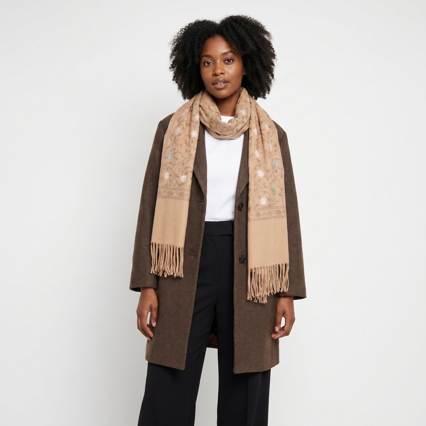 Cachecol Feminino Cashmere Bordado Floral Elegante com Franjas para Inverno Bege escuro