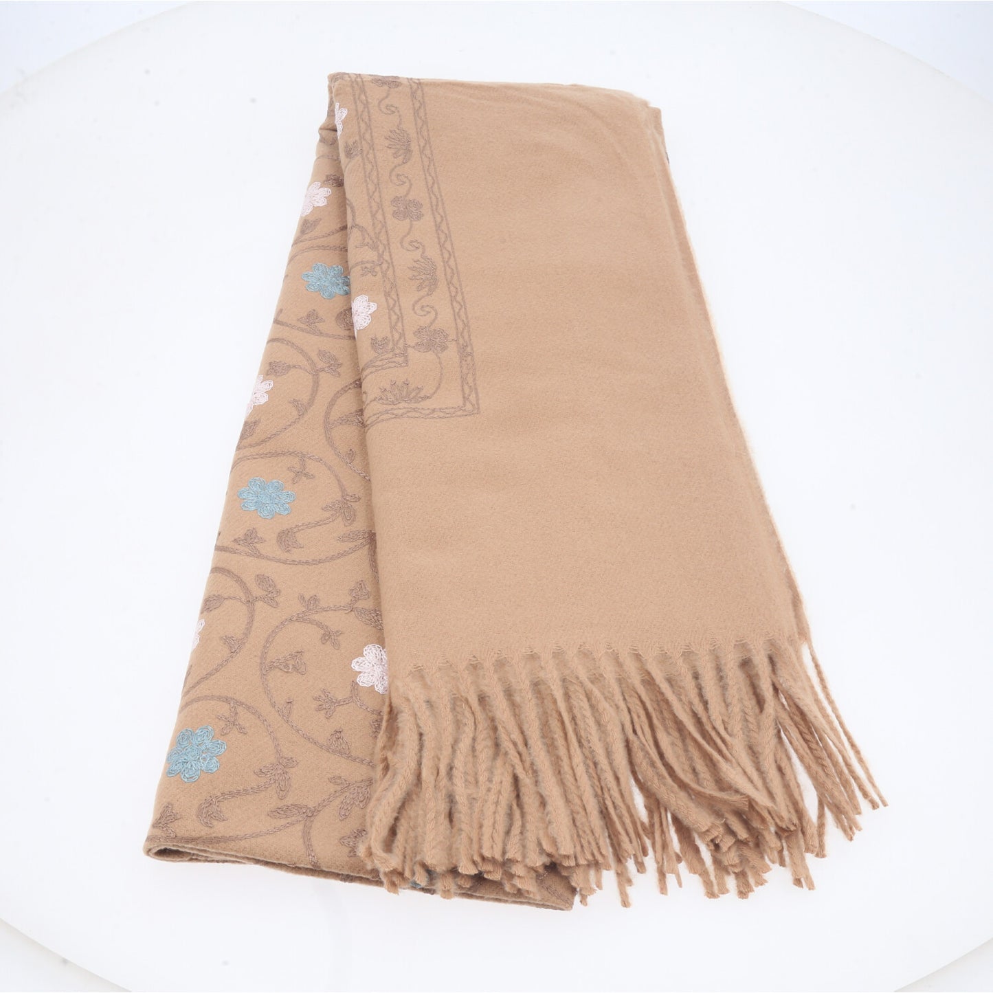 Cachecol Feminino Cashmere Bordado Floral Elegante com Franjas para Inverno Bege escuro