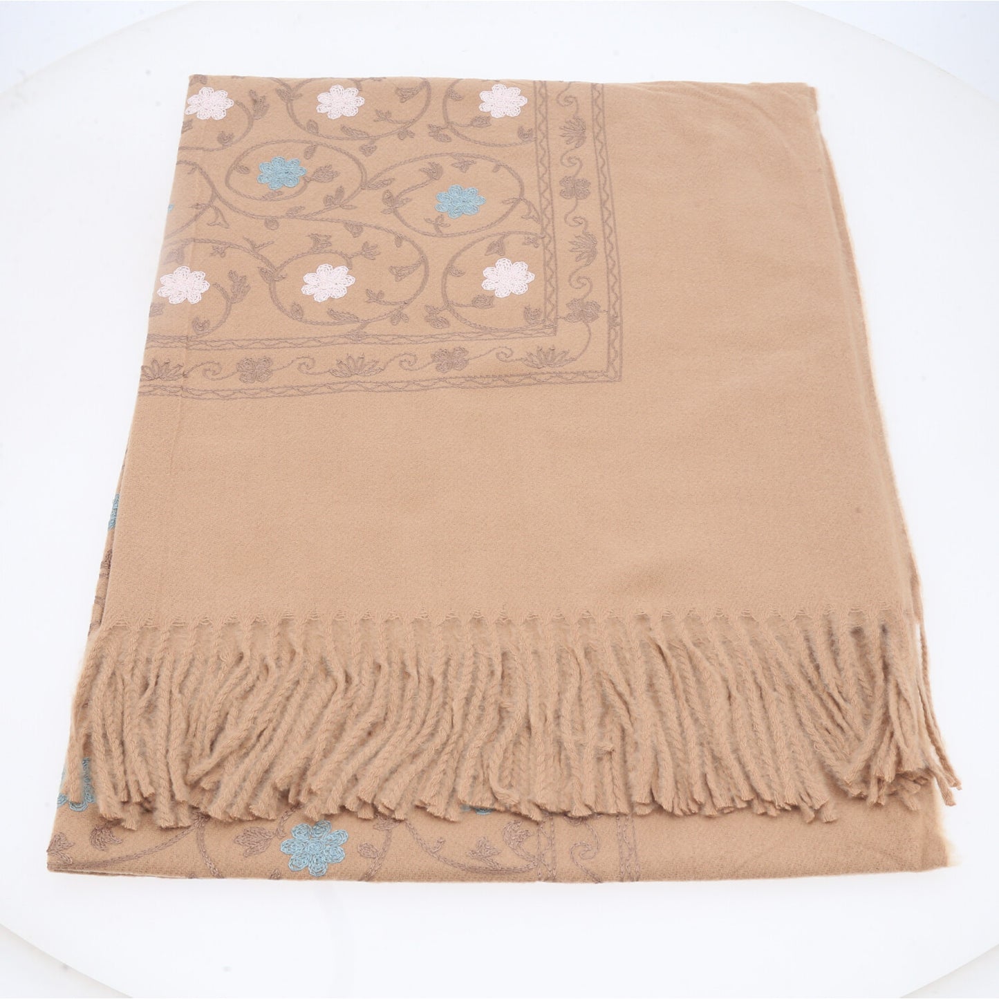 Cachecol Feminino Cashmere Bordado Floral Elegante com Franjas para Inverno Bege escuro