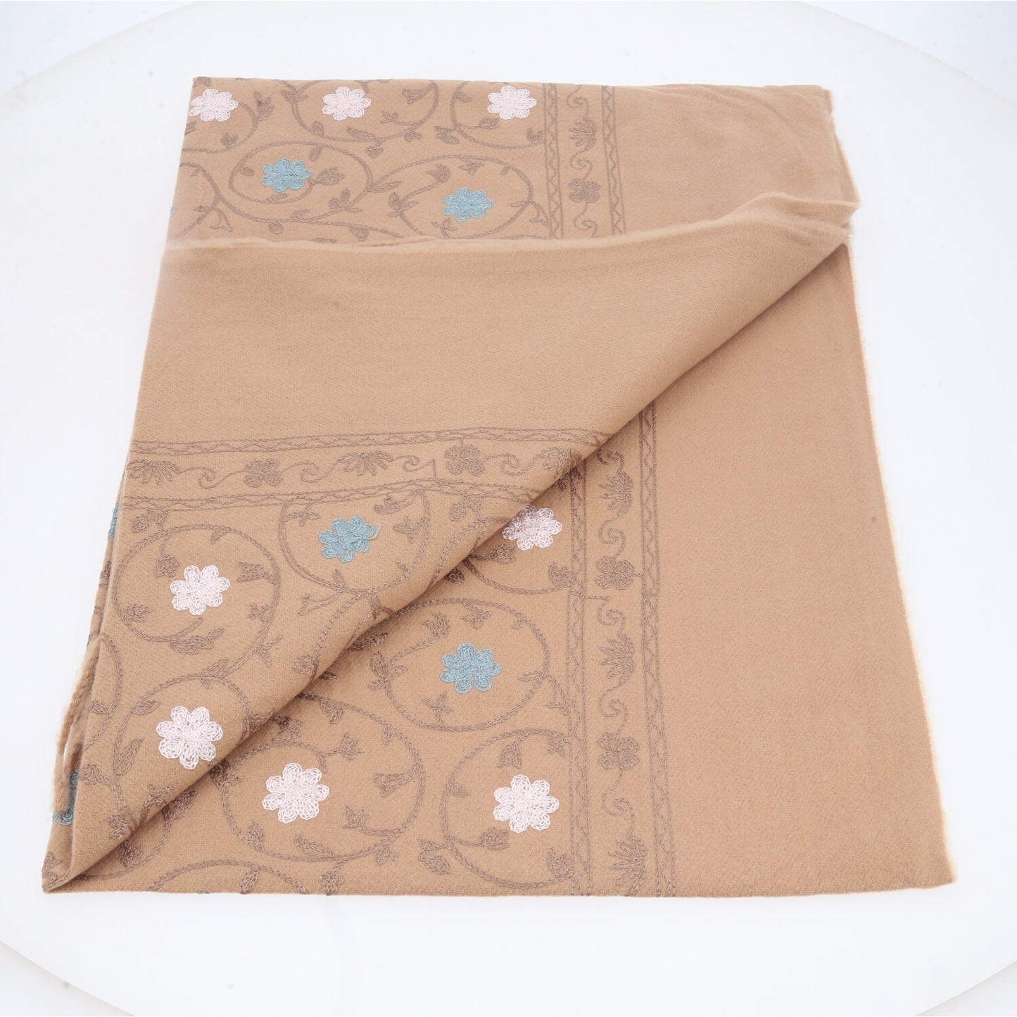 Cachecol Feminino Cashmere Bordado Floral Elegante com Franjas para Inverno Bege escuro