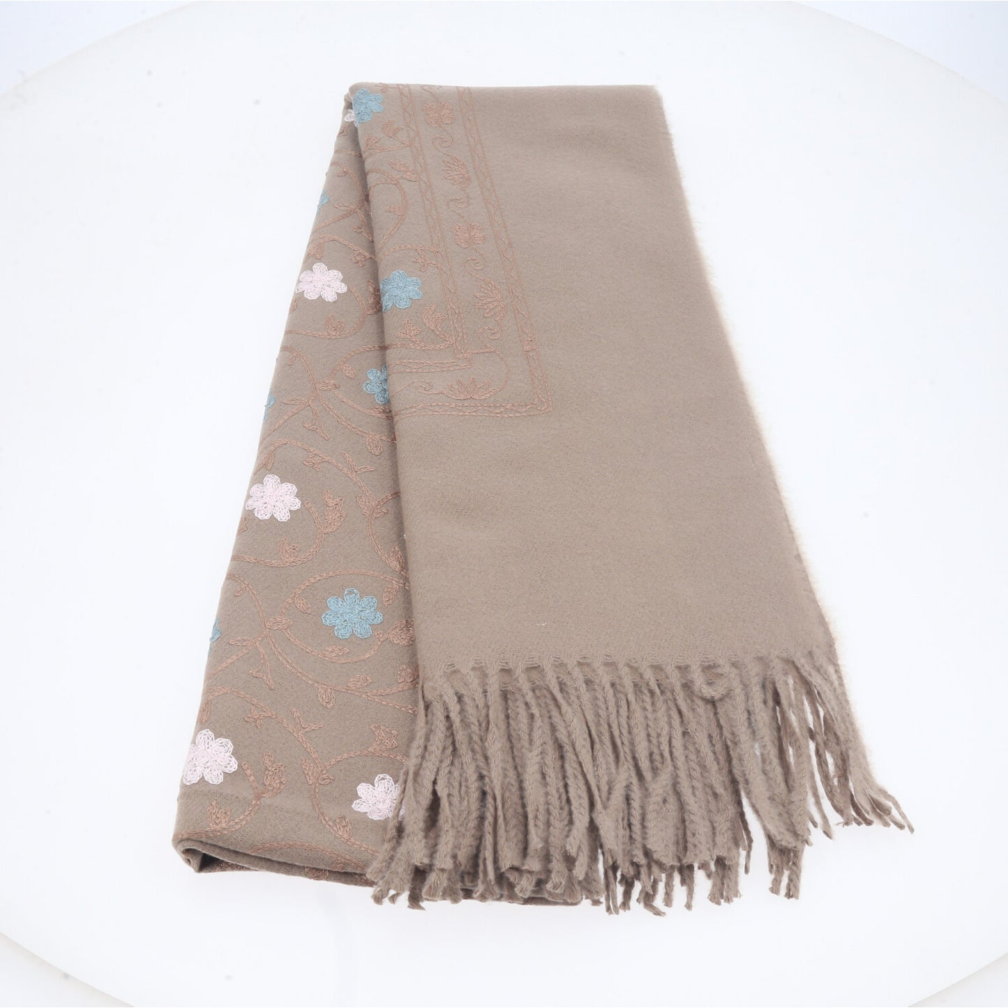 Cachecol Feminino Cashmere Bordado Floral Elegante com Franjas para Inverno Caqui