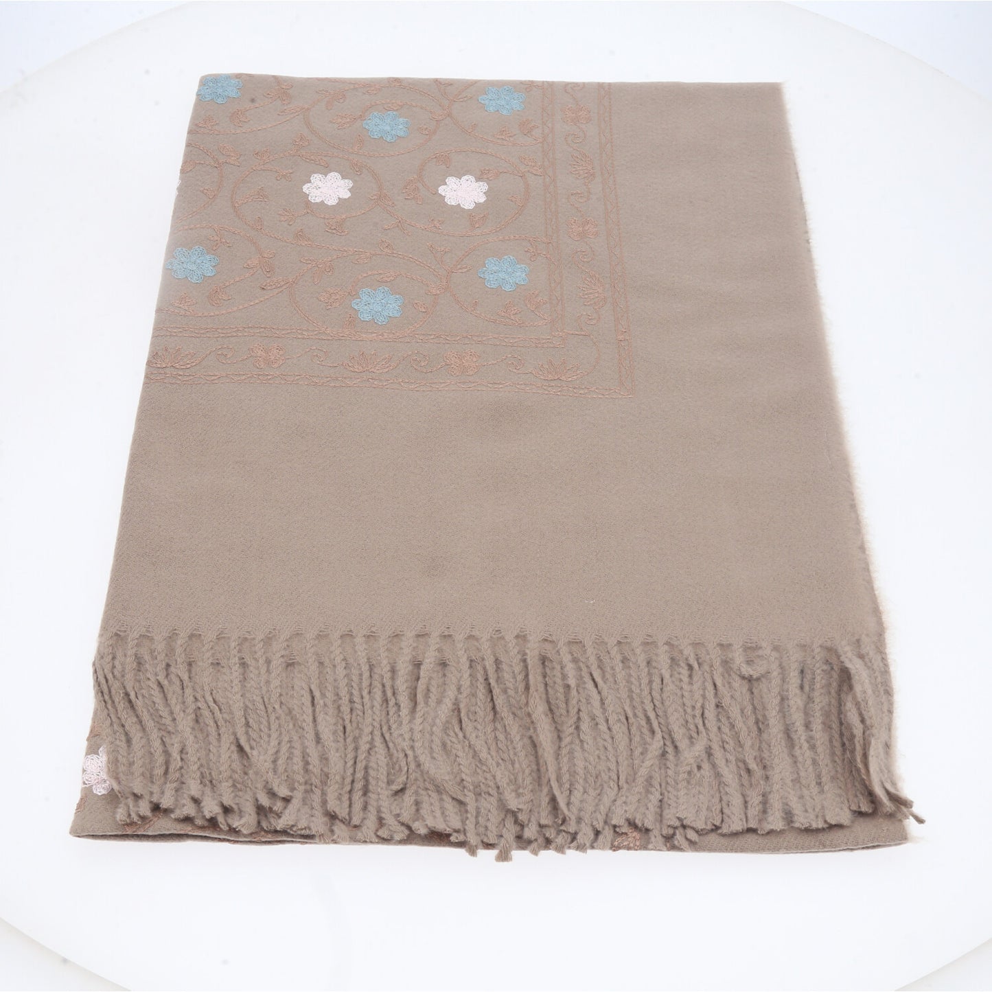 Cachecol Feminino Cashmere Bordado Floral Elegante com Franjas para Inverno Caqui