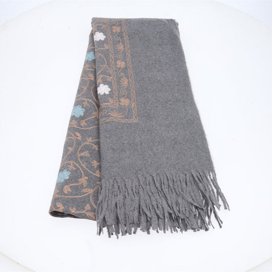 Cachecol Feminino Cashmere Bordado Floral Elegante com Franjas para Inverno Cinza