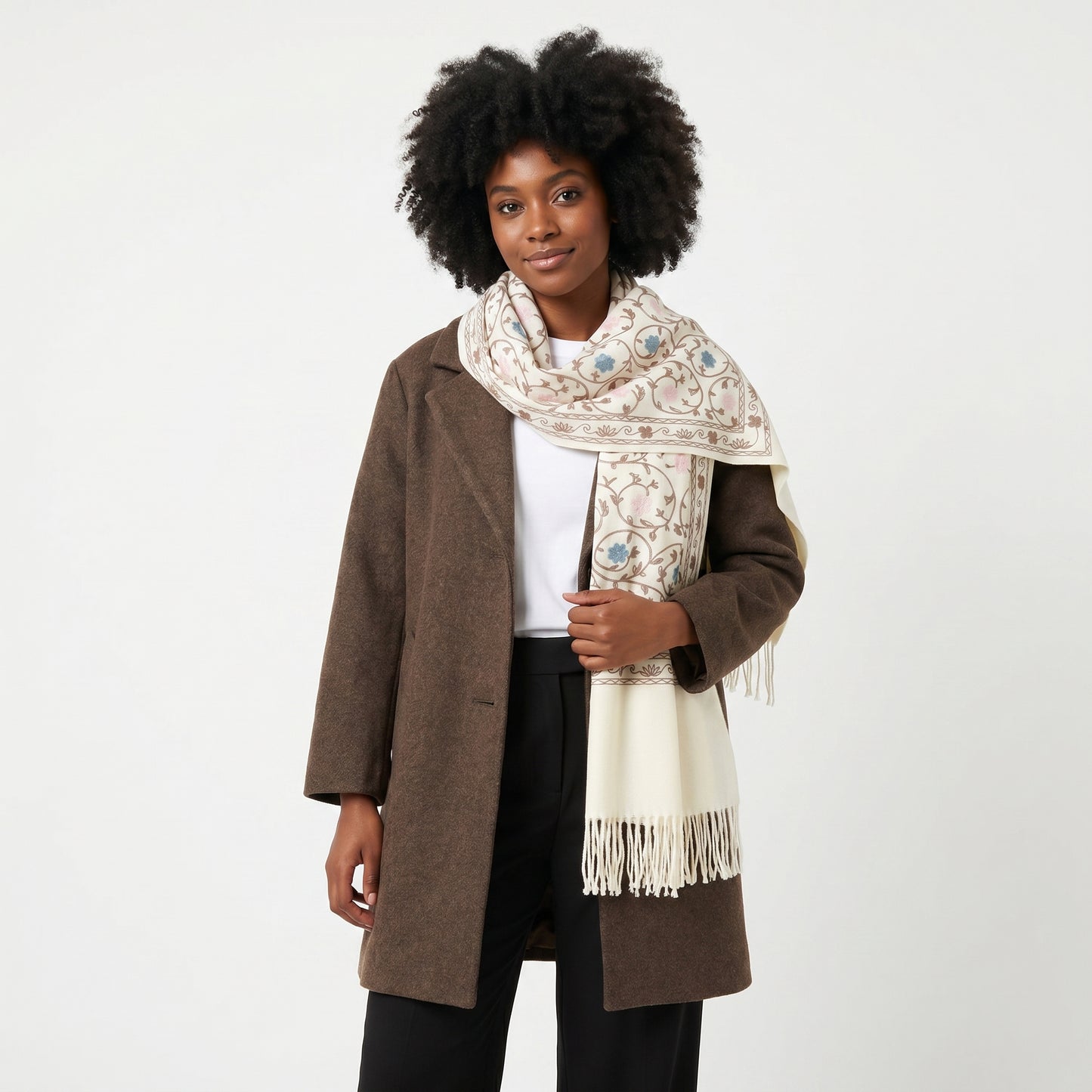 Cachecol Feminino Cashmere Bordado Floral Elegante com Franjas para Inverno Marfim