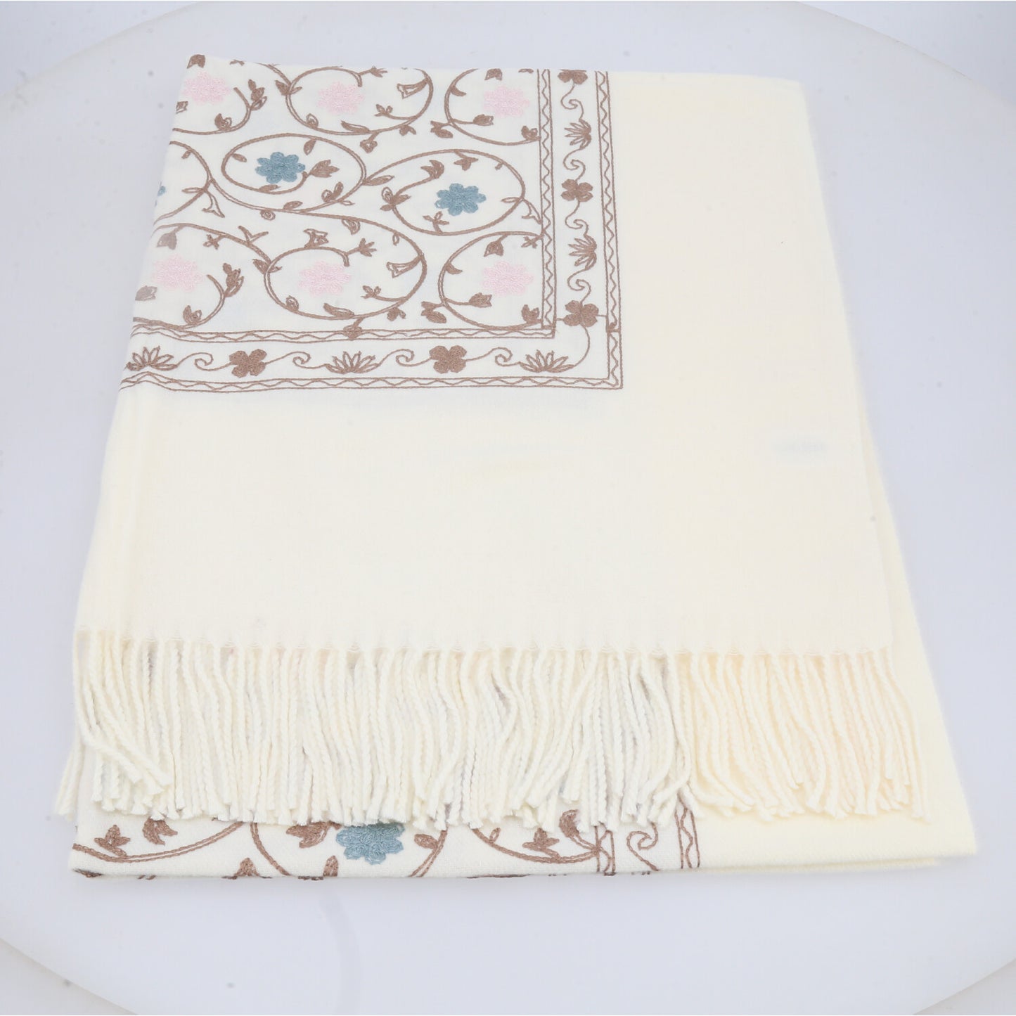 Cachecol Feminino Cashmere Bordado Floral Elegante com Franjas para Inverno Marfim