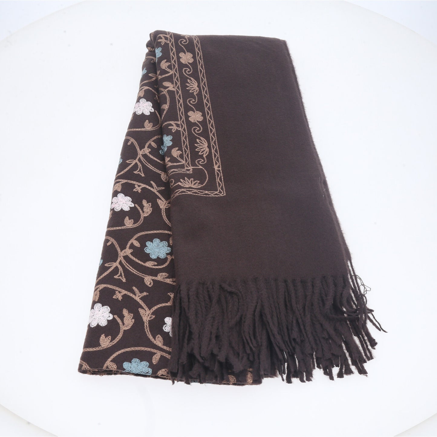 Cachecol Feminino Cashmere Bordado Floral Elegante com Franjas para Inverno Marrom