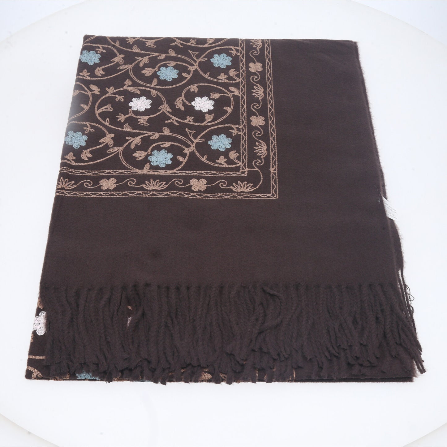Cachecol Feminino Cashmere Bordado Floral Elegante com Franjas para Inverno Marrom
