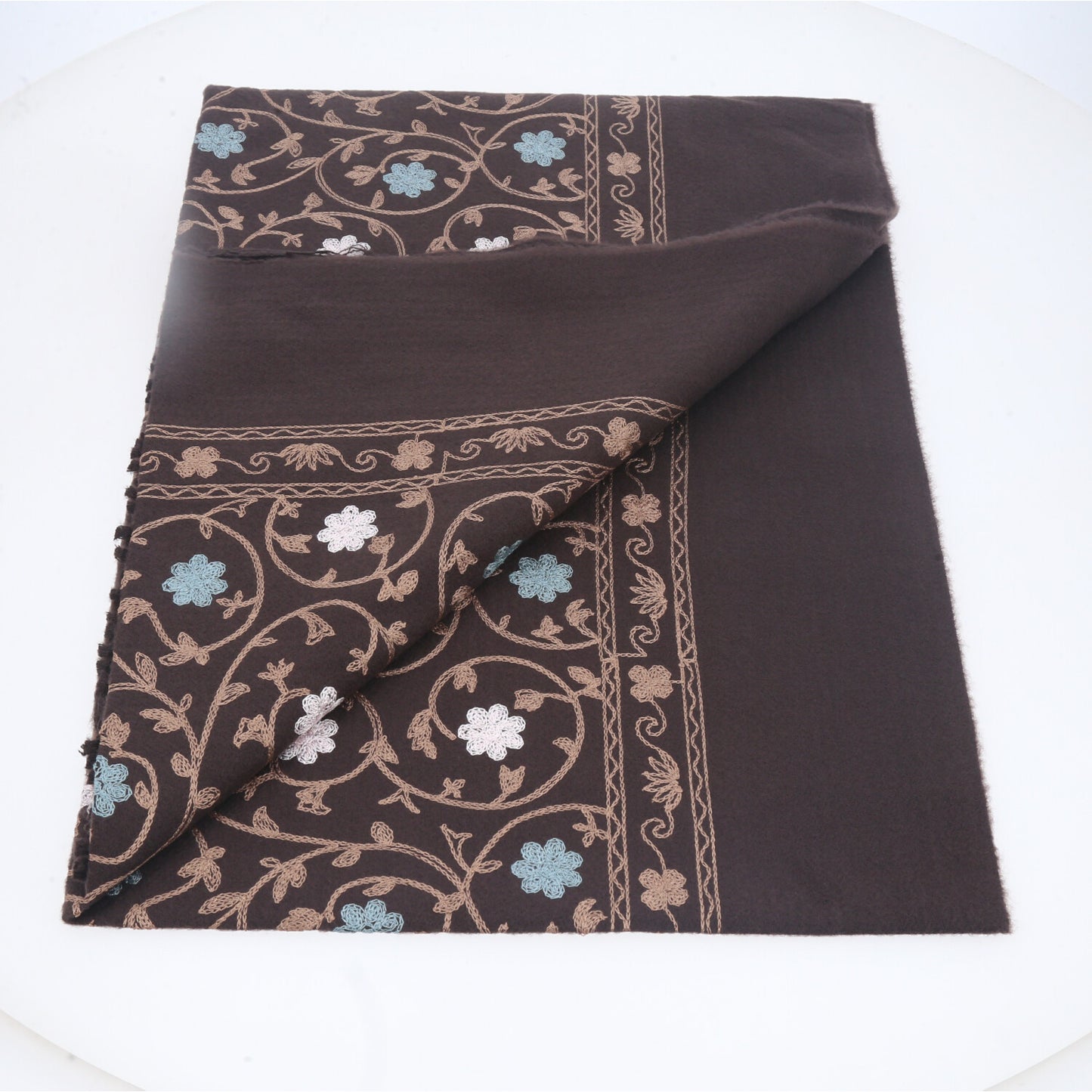Cachecol Feminino Cashmere Bordado Floral Elegante com Franjas para Inverno Marrom