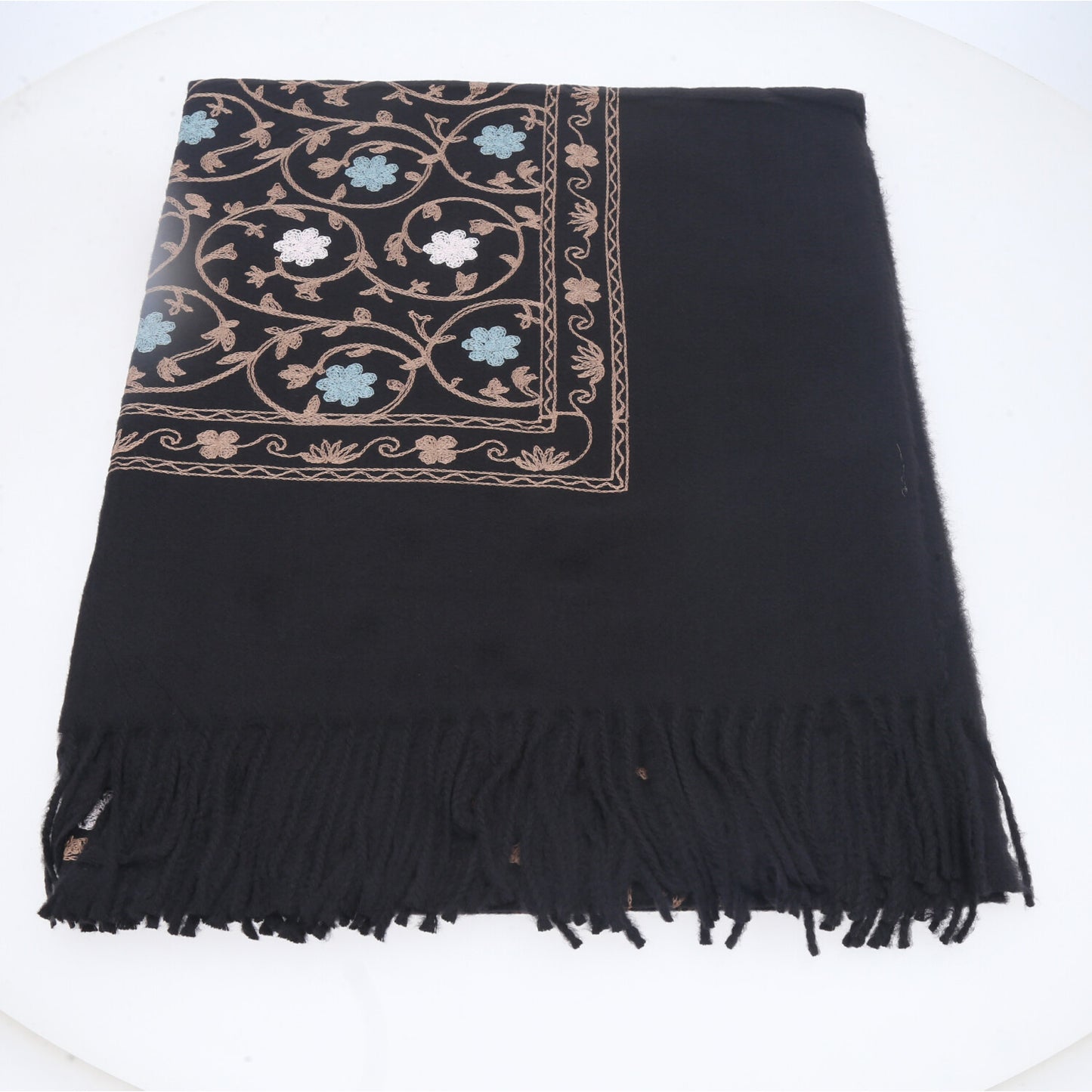 Cachecol Feminino Cashmere Bordado Floral Elegante com Franjas para Inverno Preto