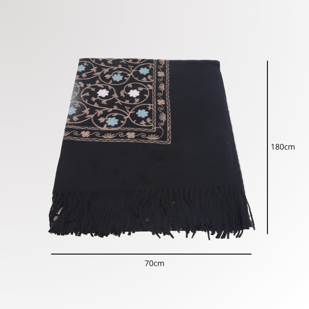 Cachecol Feminino Cashmere Bordado Floral Elegante com Franjas para Inverno Preto