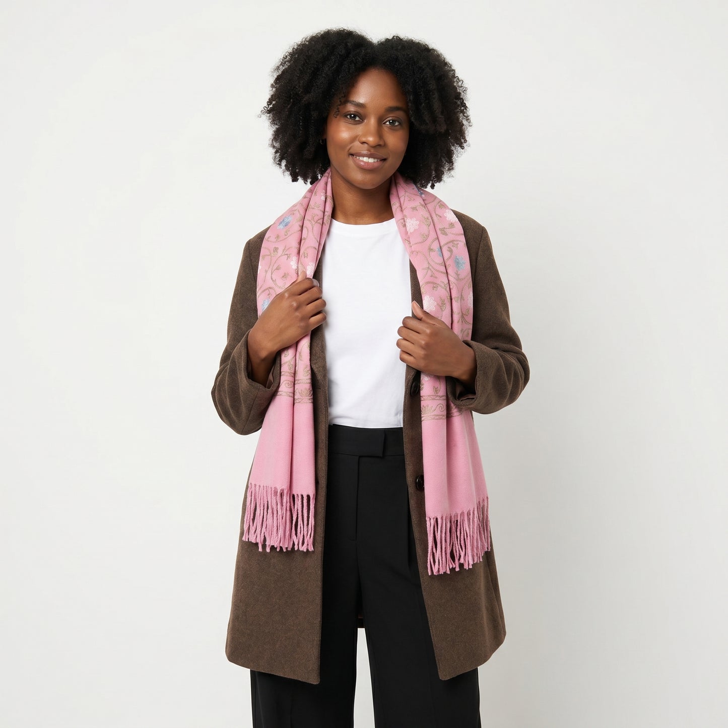 Cachecol Feminino Cashmere Bordado Floral Elegante com Franjas para Inverno Rosa