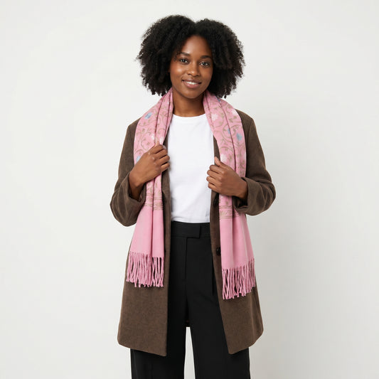 Cachecol Feminino Cashmere Bordado Floral Elegante com Franjas para Inverno Rosa
