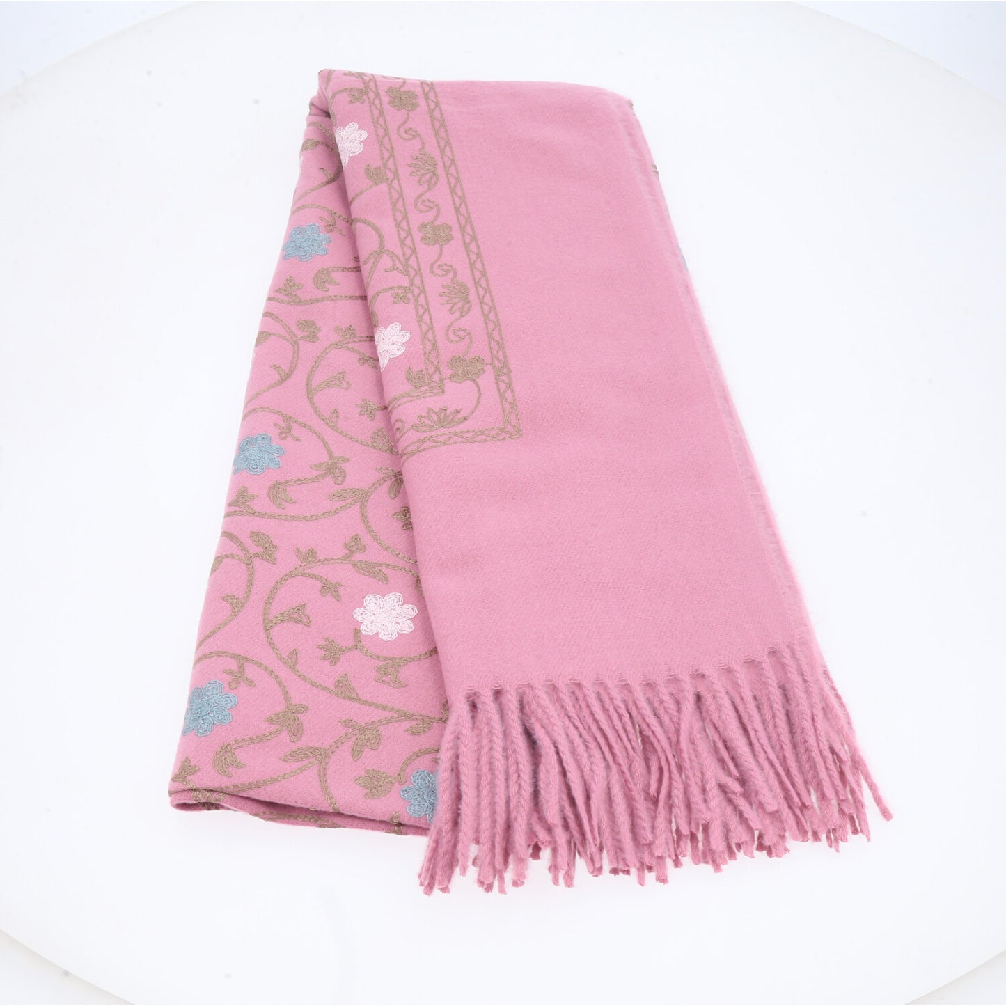 Cachecol Feminino Cashmere Bordado Floral Elegante com Franjas para Inverno Rosa