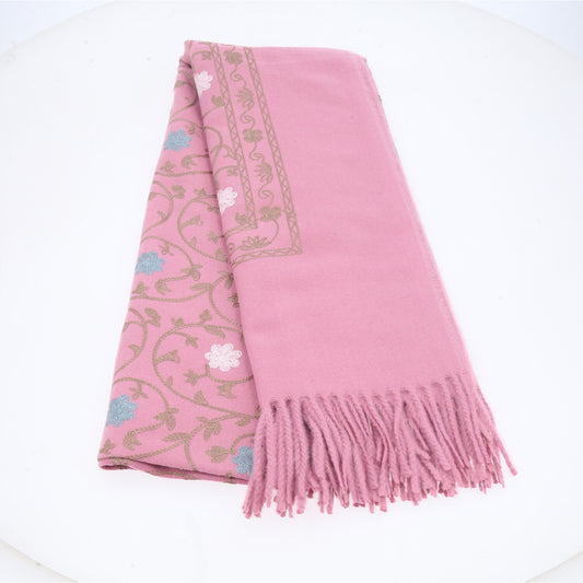 Cachecol Feminino Cashmere Bordado Floral Elegante com Franjas para Inverno Rosa