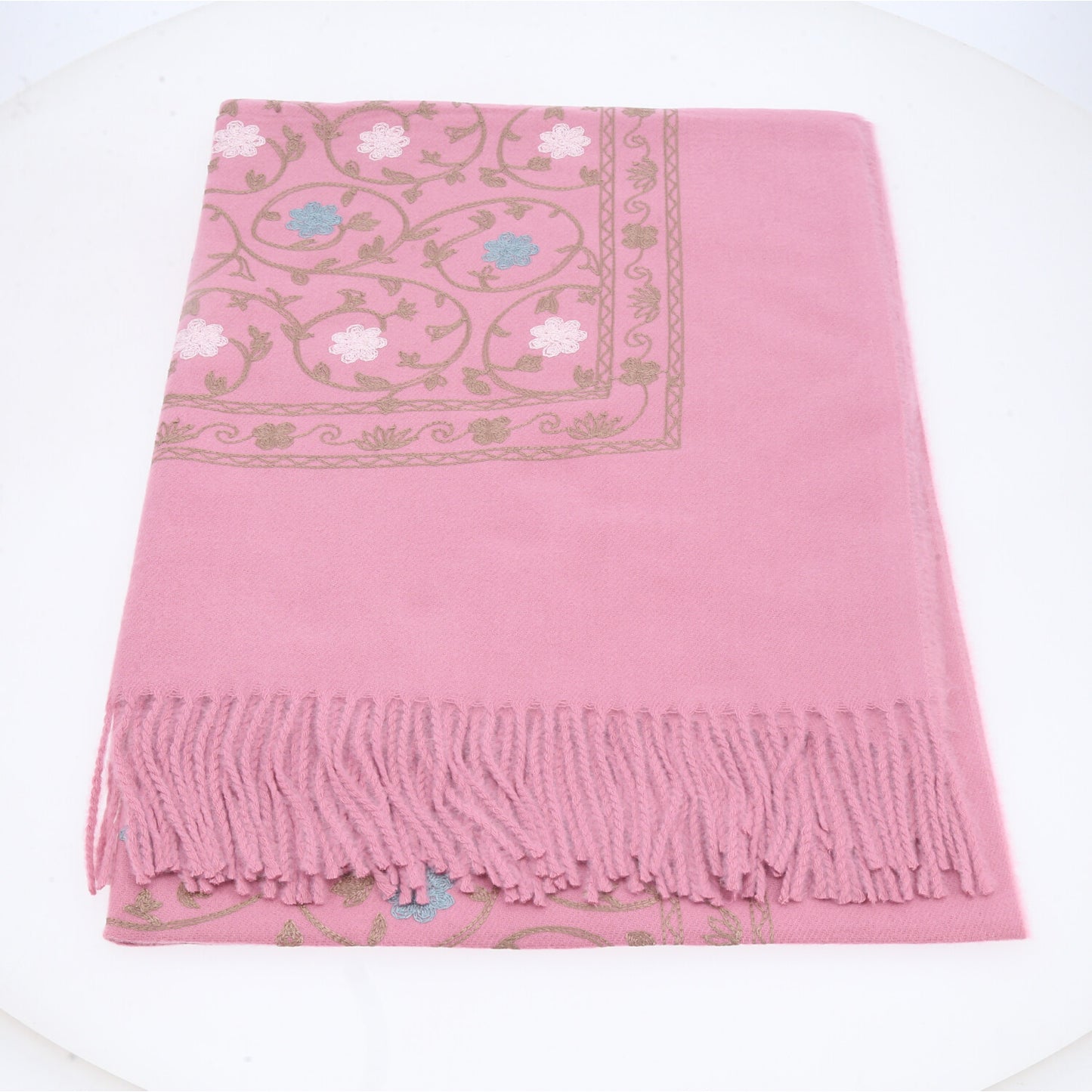Cachecol Feminino Cashmere Bordado Floral Elegante com Franjas para Inverno Rosa