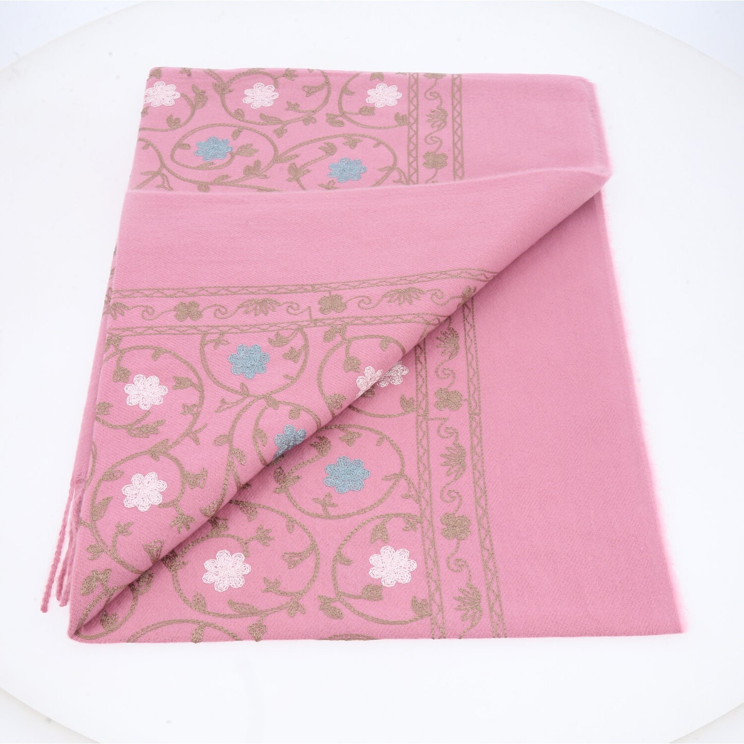Cachecol Feminino Cashmere Bordado Floral Elegante com Franjas para Inverno Rosa