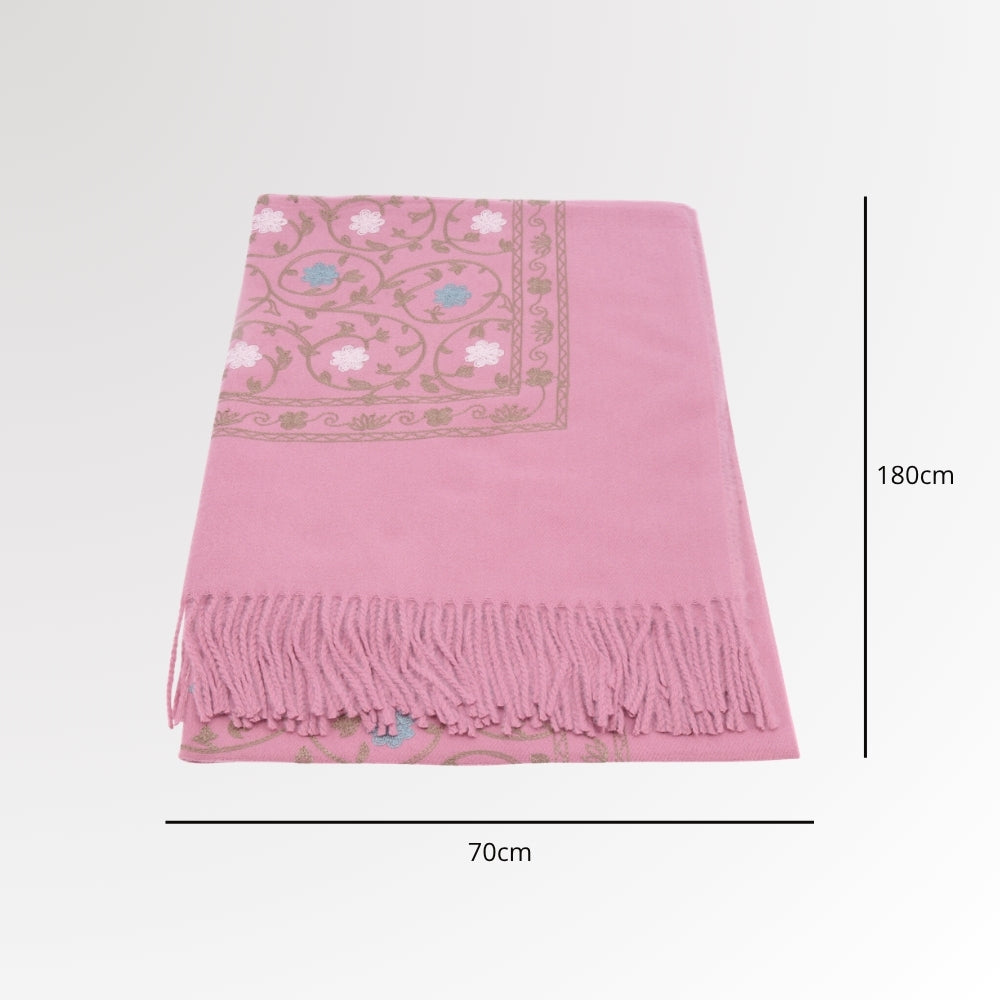 Cachecol Feminino Cashmere Bordado Floral Elegante com Franjas para Inverno Rosa