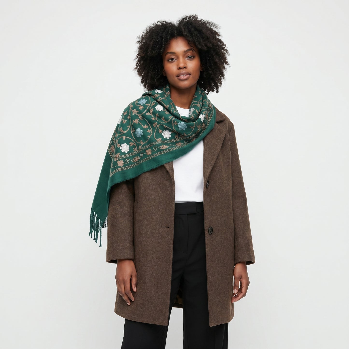 Cachecol Feminino Cashmere Bordado Floral Elegante com Franjas para Inverno Verde