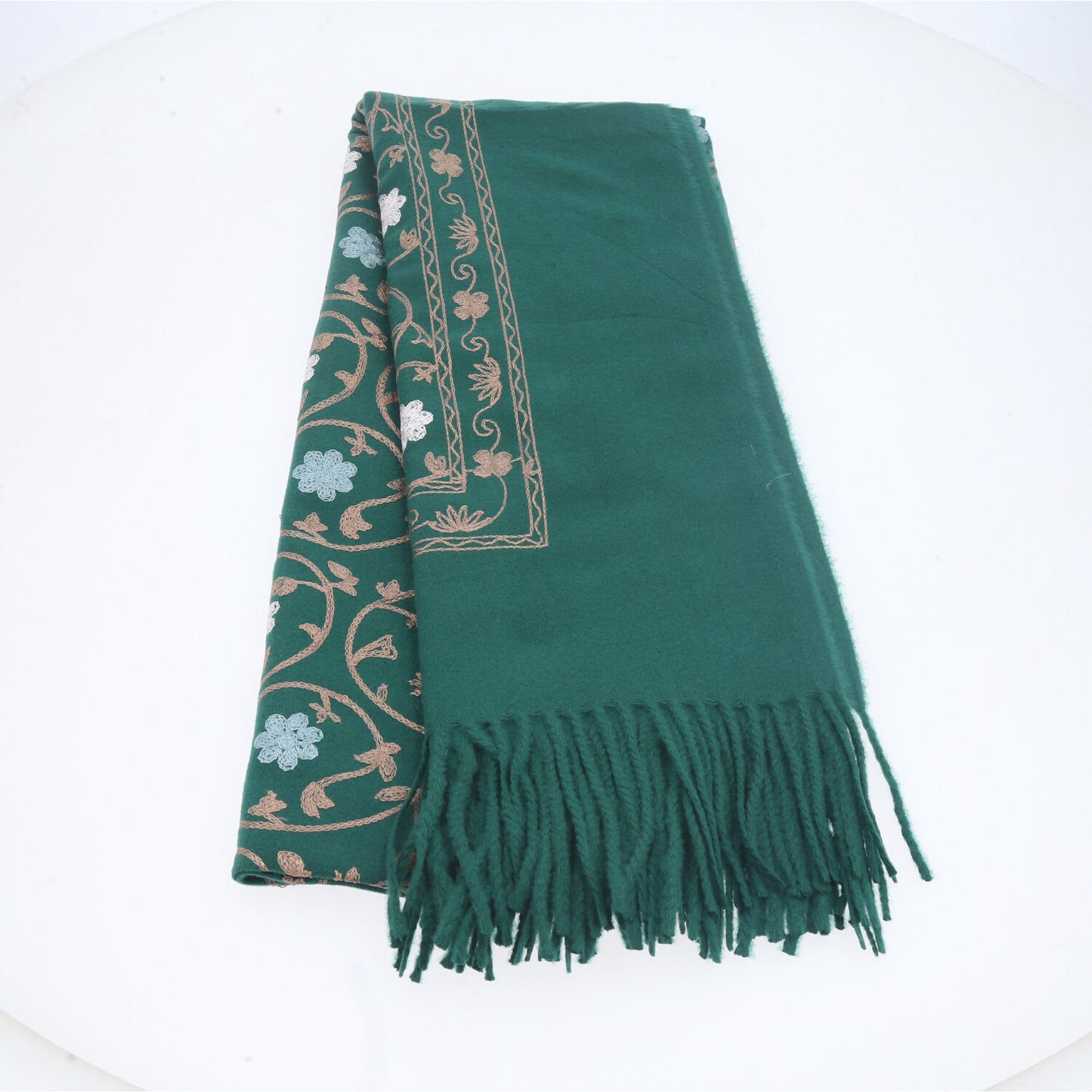 Cachecol Feminino Cashmere Bordado Floral Elegante com Franjas para Inverno Verde