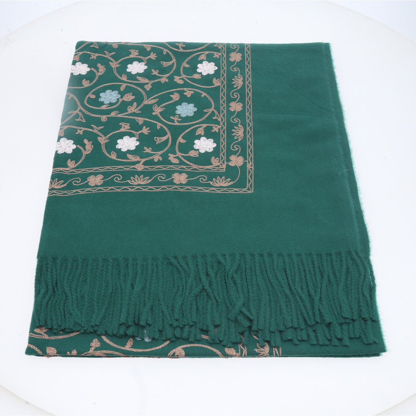 Cachecol Feminino Cashmere Bordado Floral Elegante com Franjas para Inverno Verde
