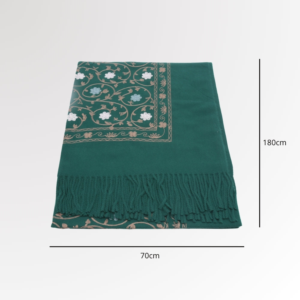Cachecol Feminino Cashmere Bordado Floral Elegante com Franjas para Inverno Verde
