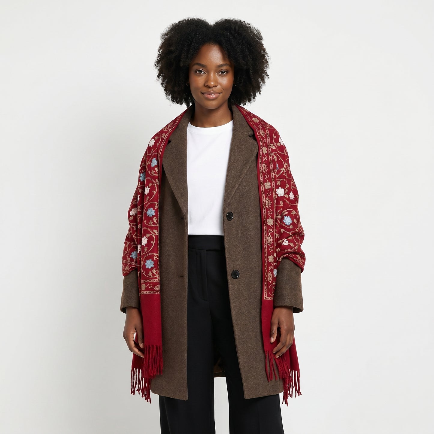 Cachecol Feminino Cashmere Bordado Floral Elegante com Franjas para Inverno Vermelho