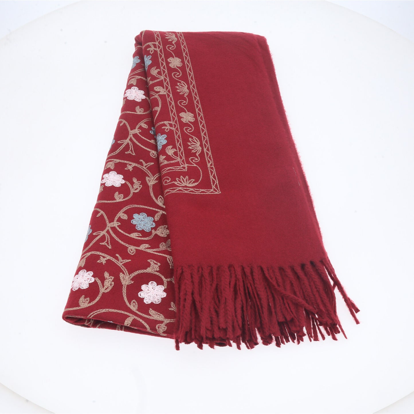 Cachecol Feminino Cashmere Bordado Floral Elegante com Franjas para Inverno Vermelho
