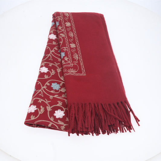 Cachecol Feminino Cashmere Bordado Floral Elegante com Franjas para Inverno Vermelho