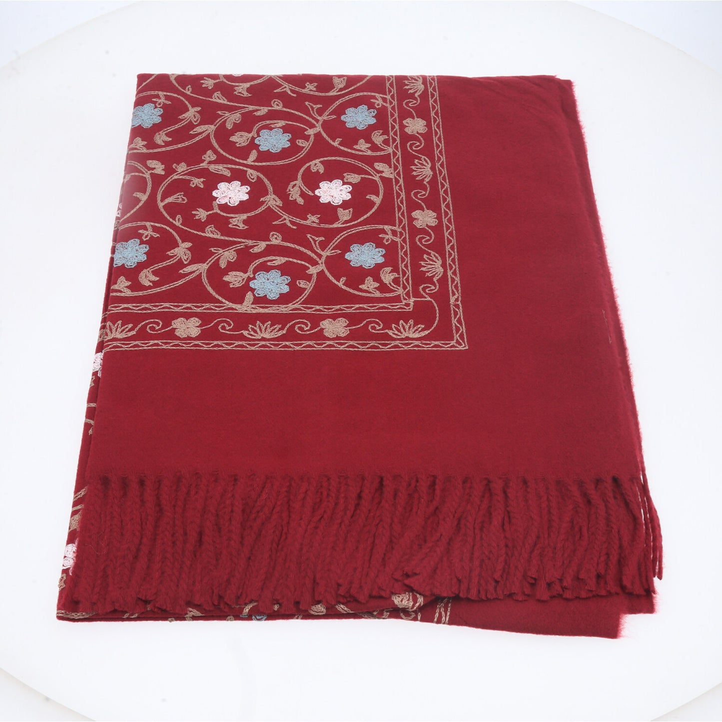 Cachecol Feminino Cashmere Bordado Floral Elegante com Franjas para Inverno Vermelho