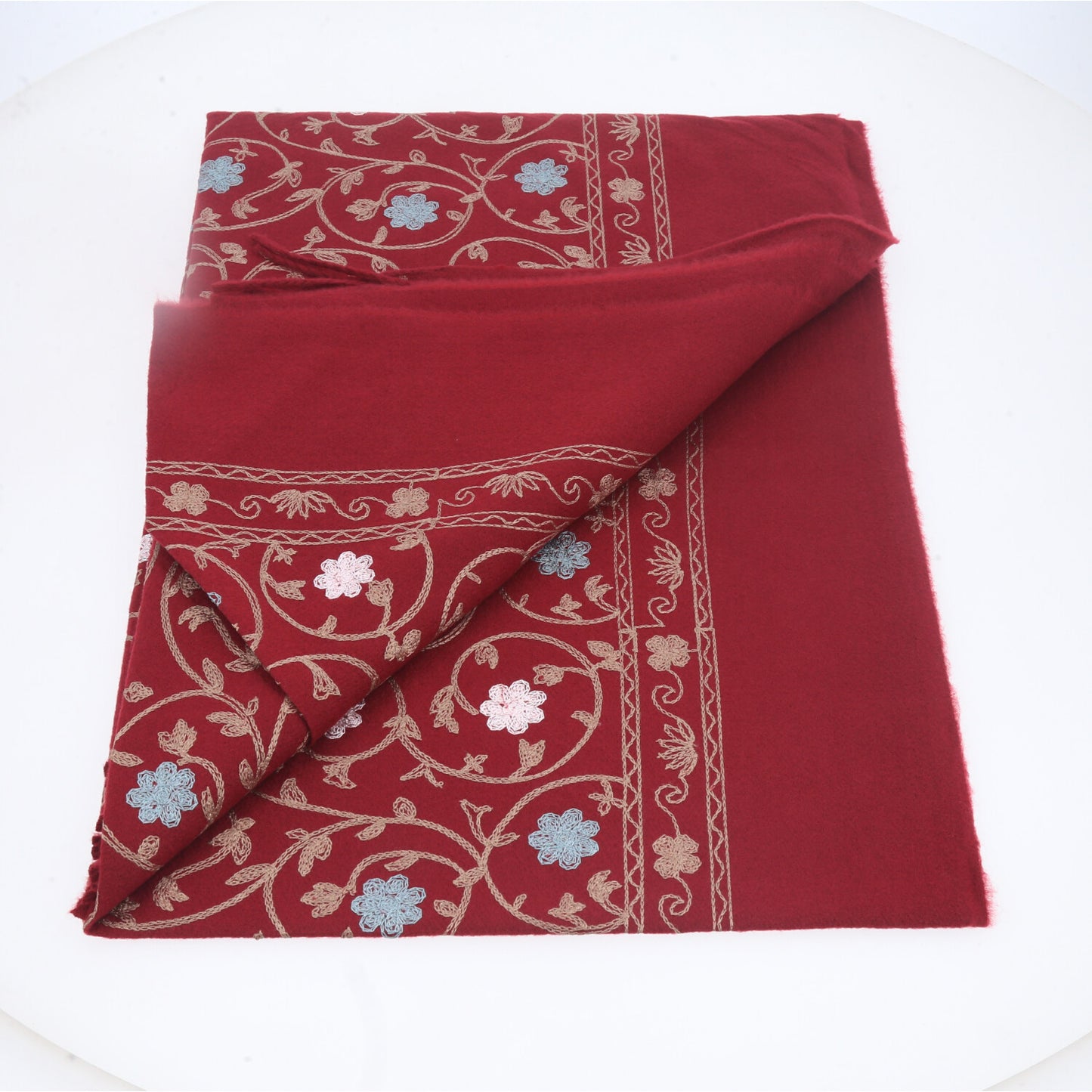 Cachecol Feminino Cashmere Bordado Floral Elegante com Franjas para Inverno Vermelho